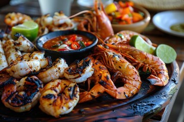 A plate of shrimp and other seafood is served on a wooden table. The shrimp are grilled and seasoned with spices, and there are several bowls of dipping sauce nearby. The presentation is colorful