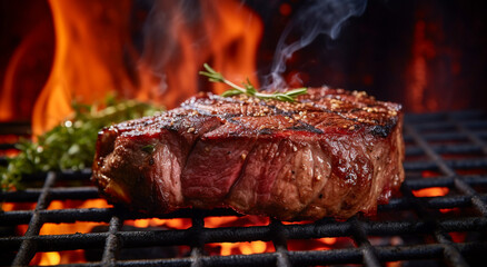 A close up of steaks cooking on a bbq grill with blazing fire flame at a Summer Barbecue