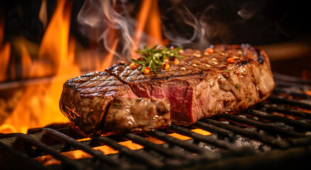 A close up of steaks cooking on a bbq grill with blazing fire flame at a Summer Barbecue