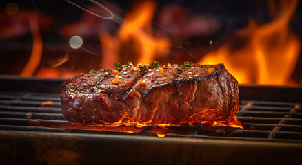 A close up of steaks cooking on a bbq grill with blazing fire flame at a Summer Barbecue