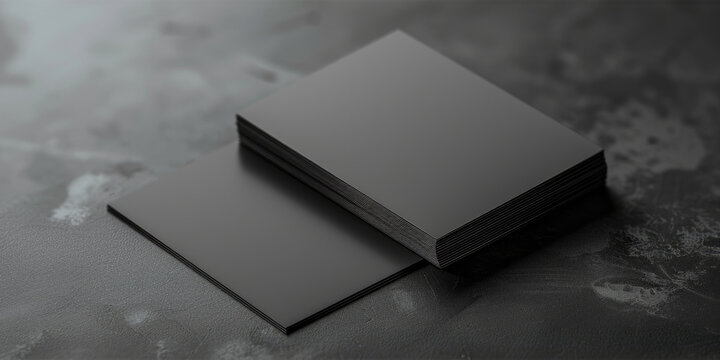 Two black business cards are stacked on top of each other. The cards are made of a glossy material and have a sleek, modern design. Concept of professionalism and sophistication