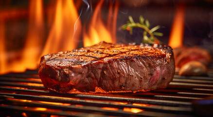 A close up of steaks cooking on a bbq grill with blazing fire flame at a Summer Barbecue