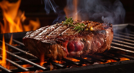 A close up of steaks cooking on a bbq grill with blazing fire flame at a Summer Barbecue