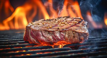 A close up of steaks cooking on a bbq grill with blazing fire flame at a Summer Barbecue