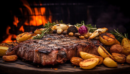 A close up of steaks cooking on a bbq grill with blazing fire flame at a Summer Barbecue