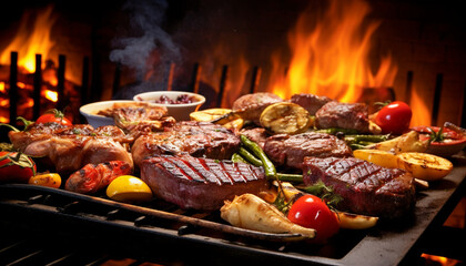 A close up of steaks cooking on a bbq grill with blazing fire flame at a Summer Barbecue