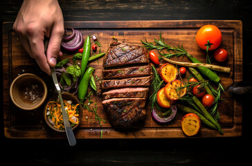 A close up of steaks cooking on a bbq grill with blazing fire flame at a Summer Barbecue