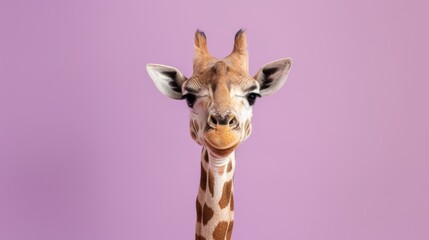 Fototapeta premium Close-Up of a Giraffe's Face with a Playful, Inquisitive Look Against a Purple Background, Showcasing Unique Wildlife Personality