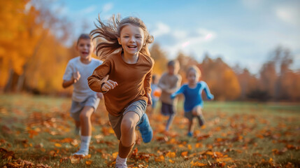 Fototapeta premium Group of happy children running through autumn leaves in a park 