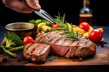 A close up of steaks cooking on a bbq grill with blazing fire flame at a Summer Barbecue