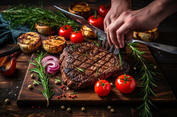 A close up of steaks cooking on a bbq grill with blazing fire flame at a Summer Barbecue