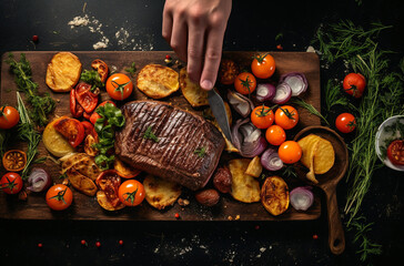 A close up of steaks cooking on a bbq grill with blazing fire flame at a Summer Barbecue