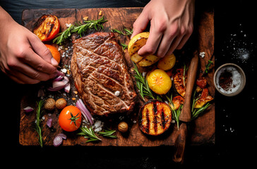 A close up of steaks cooking on a bbq grill with blazing fire flame at a Summer Barbecue