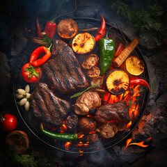 A close up of steaks cooking on a bbq grill with blazing fire flame at a Summer Barbecue