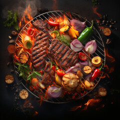 A close up of steaks cooking on a bbq grill with blazing fire flame at a Summer Barbecue