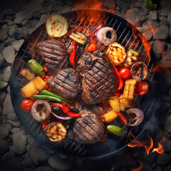 A close up of steaks cooking on a bbq grill with blazing fire flame at a Summer Barbecue