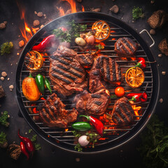 A close up of steaks cooking on a bbq grill with blazing fire flame at a Summer Barbecue