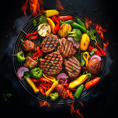 A close up of steaks cooking on a bbq grill with blazing fire flame at a Summer Barbecue