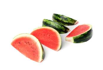 Watermelon pieces isolated. Water melon wedges pile, chopped Citrullus lanatus, red wassermelone cuts group