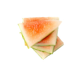 Watermelon pieces isolated. Water melon wedges pile, chopped Citrullus lanatus, red wassermelone cuts group