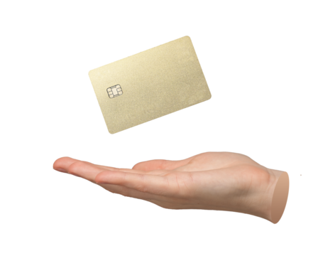 Hand palm and bank card mockup levitation isolated on white background., transparent PNG