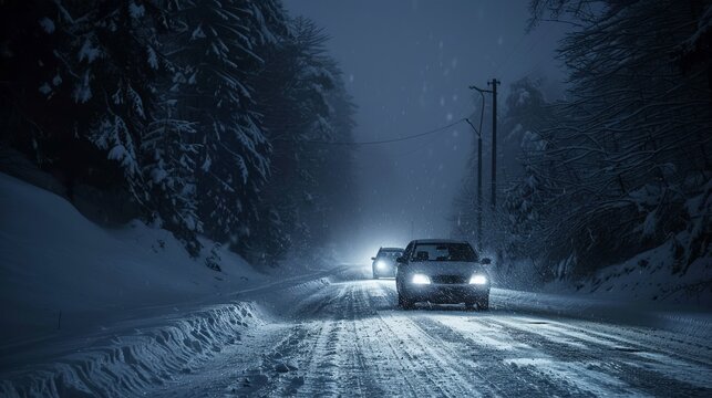 Cars driving through a snow-covered forest road at night. The image captures the cold atmosphere and winter scenery, highlighting the headlights glowing in the dark surroundings. Stock photo. AI