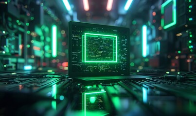Fototapeta premium Green Display Technology Concept with Monitor symbol as a neon light. Vibrant colored icon, on a black background with high tech floor