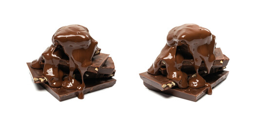 Broken chocolate bar stack, isolated. Milk chocolate square pieces, melted cubes, small bloks pile, choco