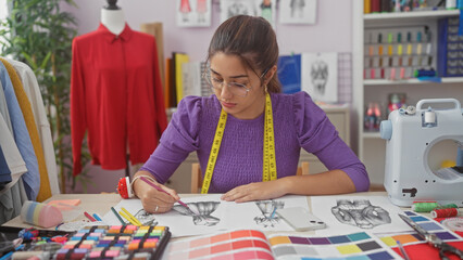 Fototapeta premium A focused hispanic woman sketches a dress design in a colorful tailor shop surrounded by fabric and sewing equipment.