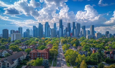Obraz premium cityscape with skyscrapers and architecture of residential buildings with road green trees in daylight against cloudy blue sky
