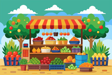 Fresh fruit on wooden stall illustration image