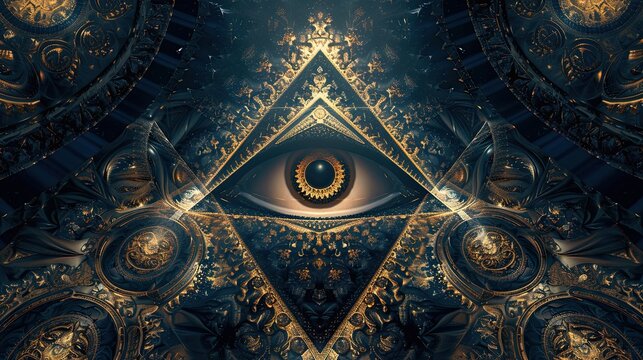 A gold and blue image of an eye with a triangle in the middle