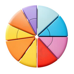 Fototapeta premium Colorful circular pie chart in 3D with segmented slices, representing various data portions. Ideal for business, statistics, and infographics.