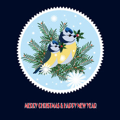 Merry Christmas and Happy New Year postcard. Blue tit on fir with holly isolated nature stock vector illustration for web, for print, for fabric print