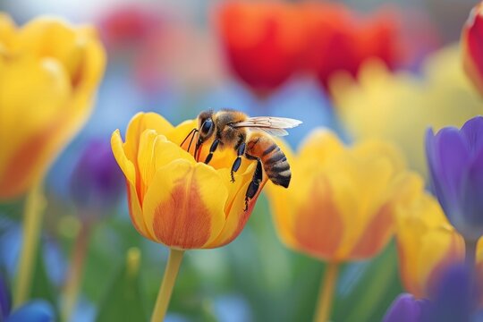 Delicate Bees on spring flowers. Natural blossom. Generate Ai