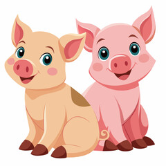Incredibly cute pigs sitting next to each other and smiling on a white background: vector illustration for digital art and design
