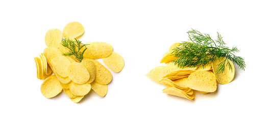 Potato dill chips pile isolated. Crispy thin potato snack heap set, fast food snacks with greens, spices