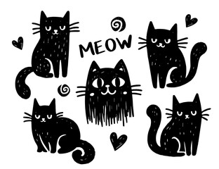 cute black cat, hand drawn crayon brush doodle cartoon simple sketch set