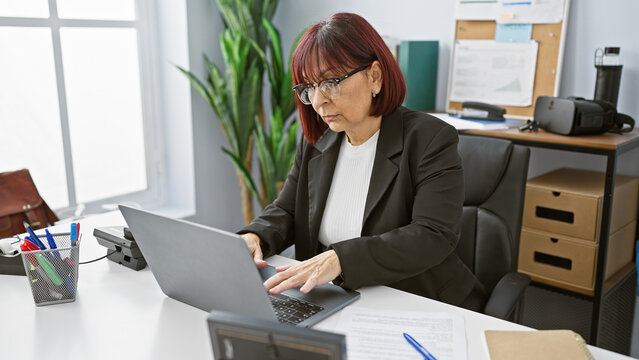 Mature hispanic woman working on laptop in office setting