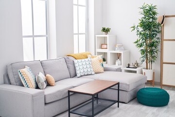 Bright living room with a grey sofa, colorful cushions, a wooden table, and decorative plants.