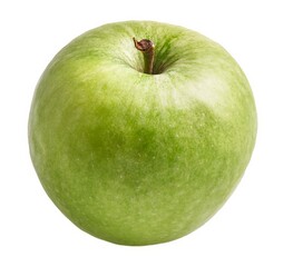 Close-up of a single fresh green apple isolated on white background, perfect for healthy lifestyle themes.