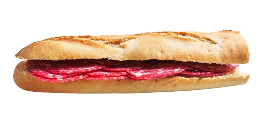 Isolated sandwich with abundant salami on crusty baguette against white