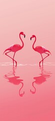 Fototapeta premium Romantic scene of two flamingos with their reflections on a pink background, depicting a serene and peaceful moment.