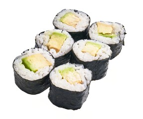 Sushi rolls with avocado and tamago isolated on a white background, perfect for japanese cuisine concepts.