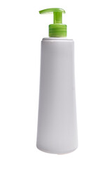 Isolated dispenser bottle with a green pump on white background for hygiene and skincare products.