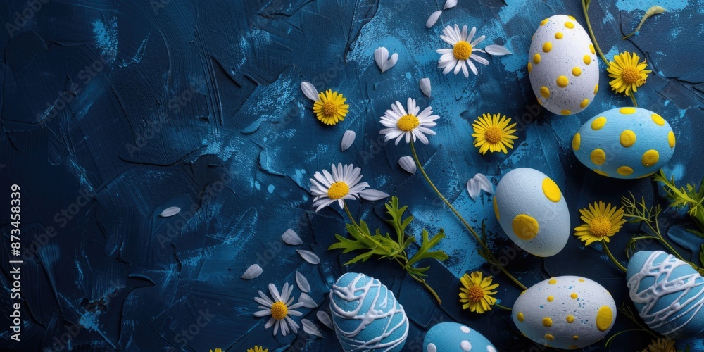 Sticker A blue background with a bunch of eggs and flowers. The eggs are painted with yellow and blue dots