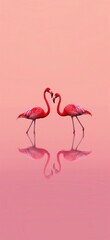 Obraz premium Two flamingos facing each other on a pink background, creating a romantic and serene scene with their reflections in the water.