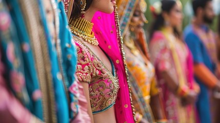 Multicultural wedding celebration, bride and groom in traditional attire, blending customs from different cultures, colorful and joyous atmosphere
