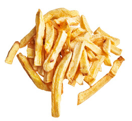 Isolated golden french fries scattered on a clear white background, depicting fast food indulgence.