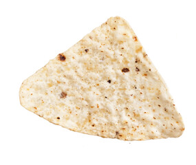 Close-up isolated image of a single triangular tortilla chip against a white background.